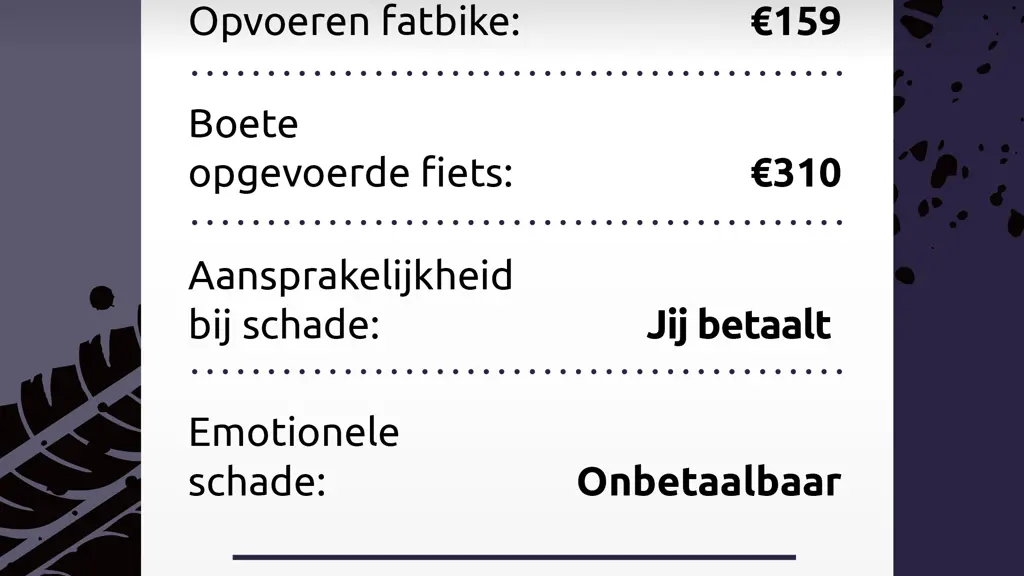 Afbeelding van een kassabon met de tekst: Fatbike: €1149, Opvoeren fatbike: €159, Boete opgevoerde fiets: €310, Aansprakelijkheid bij schade: Jij betaalt, Emotionele schade: Onbetaalbaar. Daaronder staat de vraag: Is dat het waard?
