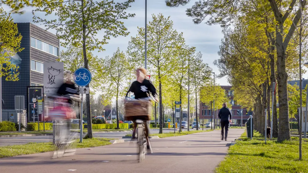 Foto met bewegingsonscherpte van twee fietsers met manden die over een fietspad rijden in de buurt van een parkeerhaven. Rechts loopt een voetganger. Er staan bomen langs het pad en op de achtergrond zijn kantoorgebouwen zichtbaar onder een zonnige hemel.