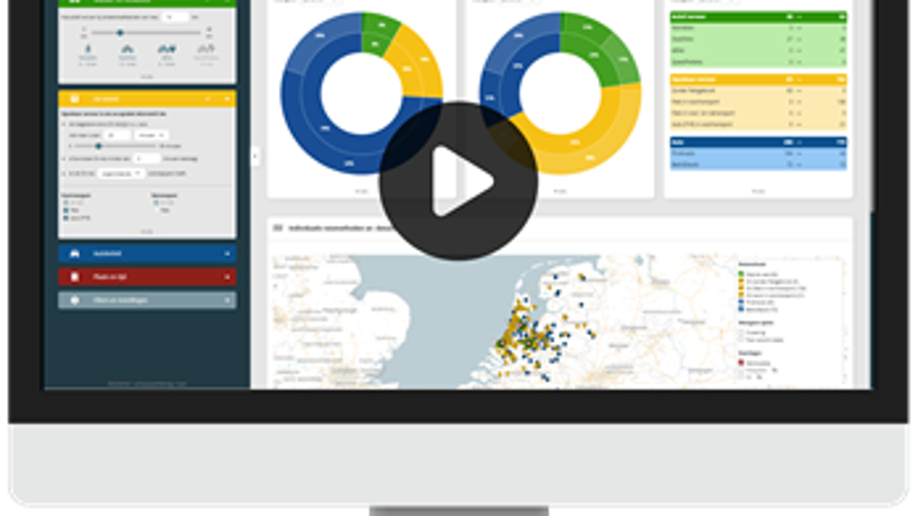 Computerscherm met een dashboard van 'MOBILITY ANALYST', met grafieken, diagrammen en een landkaart van Nederland met gele en blauwe stippen. In het midden is een afspeelknop (play button) te zien.