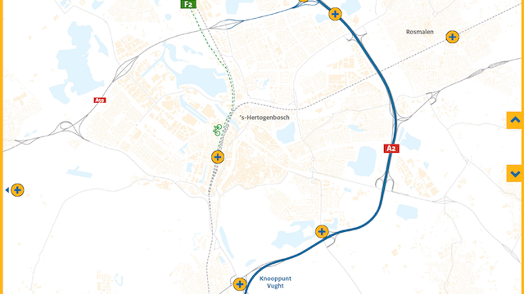 Plattegrond van de omgeving van 's-Hertogenbosch en Vught, met wegen, spoorlijnen en waterwegen. Er zijn verschillende pictogrammen met een '+' en 'i' te zien, waaronder bij 'Knooppunt Empel' en 'Knooppunt Vught'. Er is ook een pictogram van een fietser.